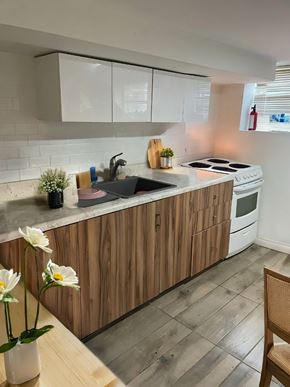Toronto apartment for rent - A kitchen with wooden cabinets and a white sink.