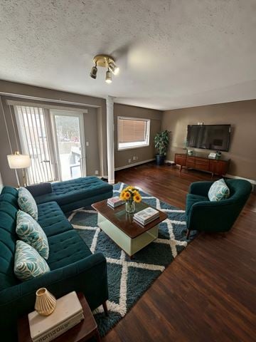 Guelph house for rent - A living room with a green couch and a coffee table.