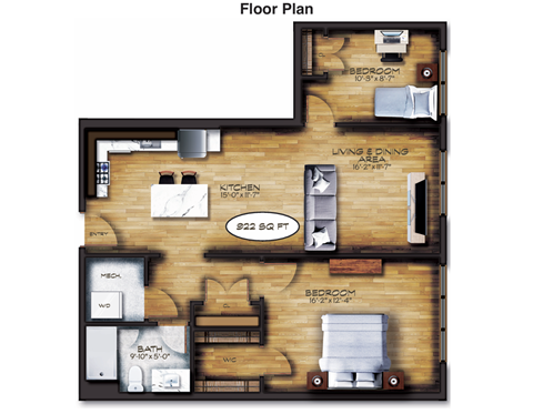 Floor plan for 2 beds, 1 bath, 1047 sqft