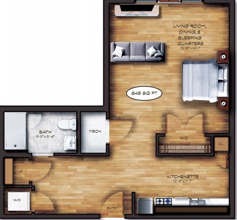 Floor plan for studio, 1 bath, 645 sqft