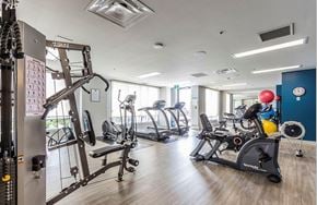 Cambridge apartment for rent - A gym with a variety of exercise equipment including treadmills, stationary bikes, and weight machines.