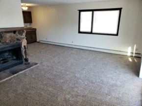 Anchorage apartment for rent - A living room with a fireplace and a grey carpet.