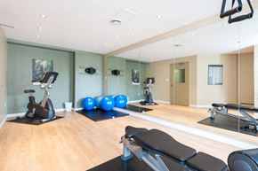 Hamilton apartment for rent - A gym with a mirror, exercise balls, and a rowing machine.