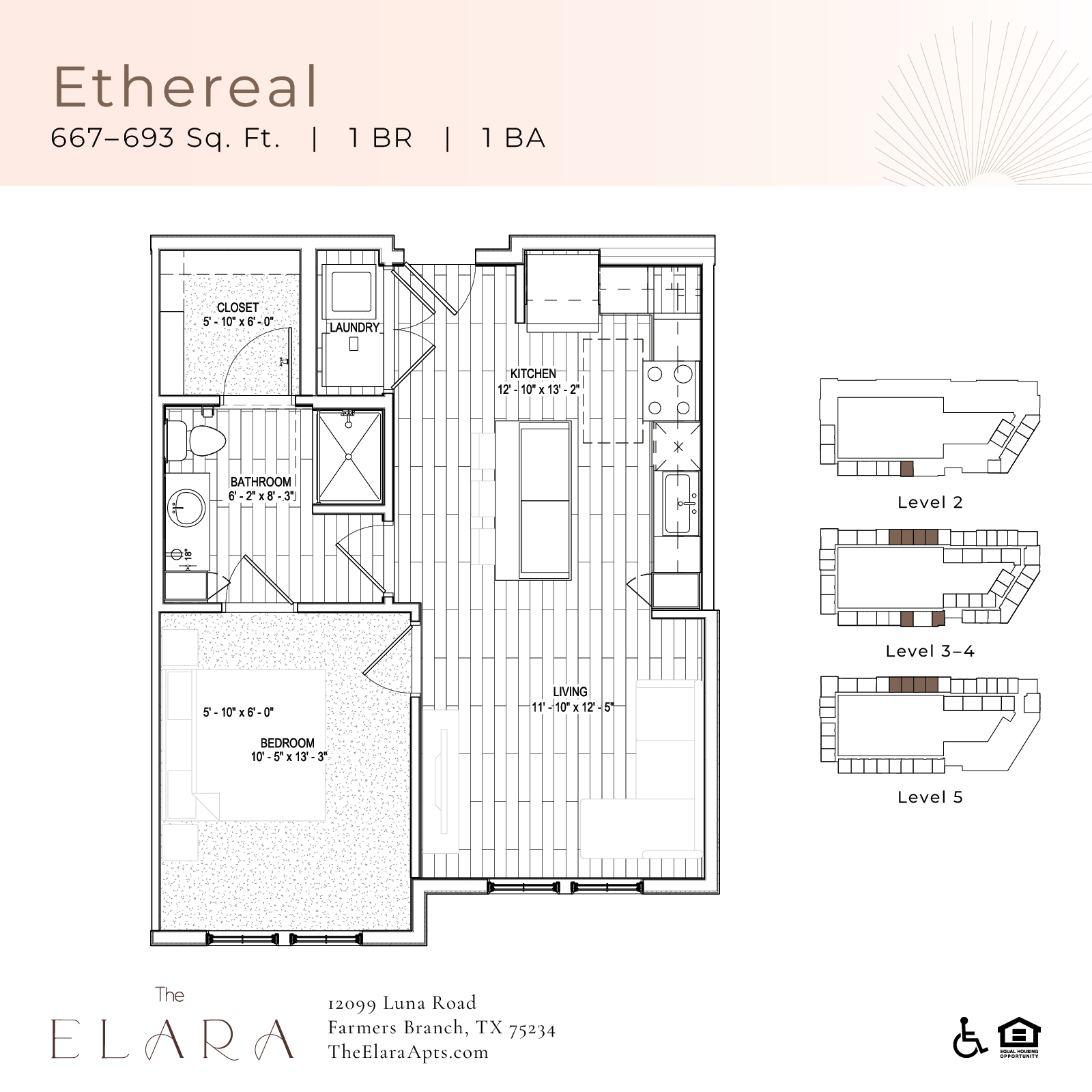 Floor plan for 1 bed, 1 bath, 693 sqft