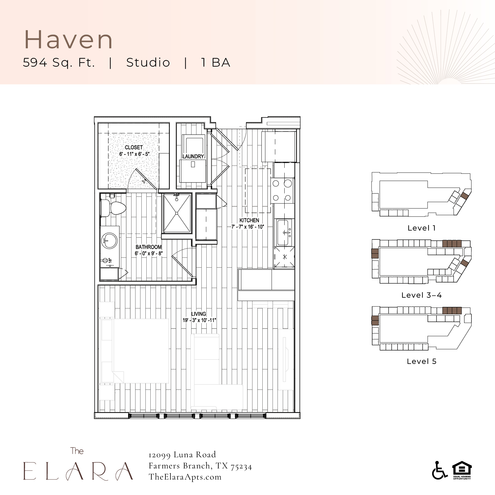 Floor plan for studio, 1 bath, 594 sqft