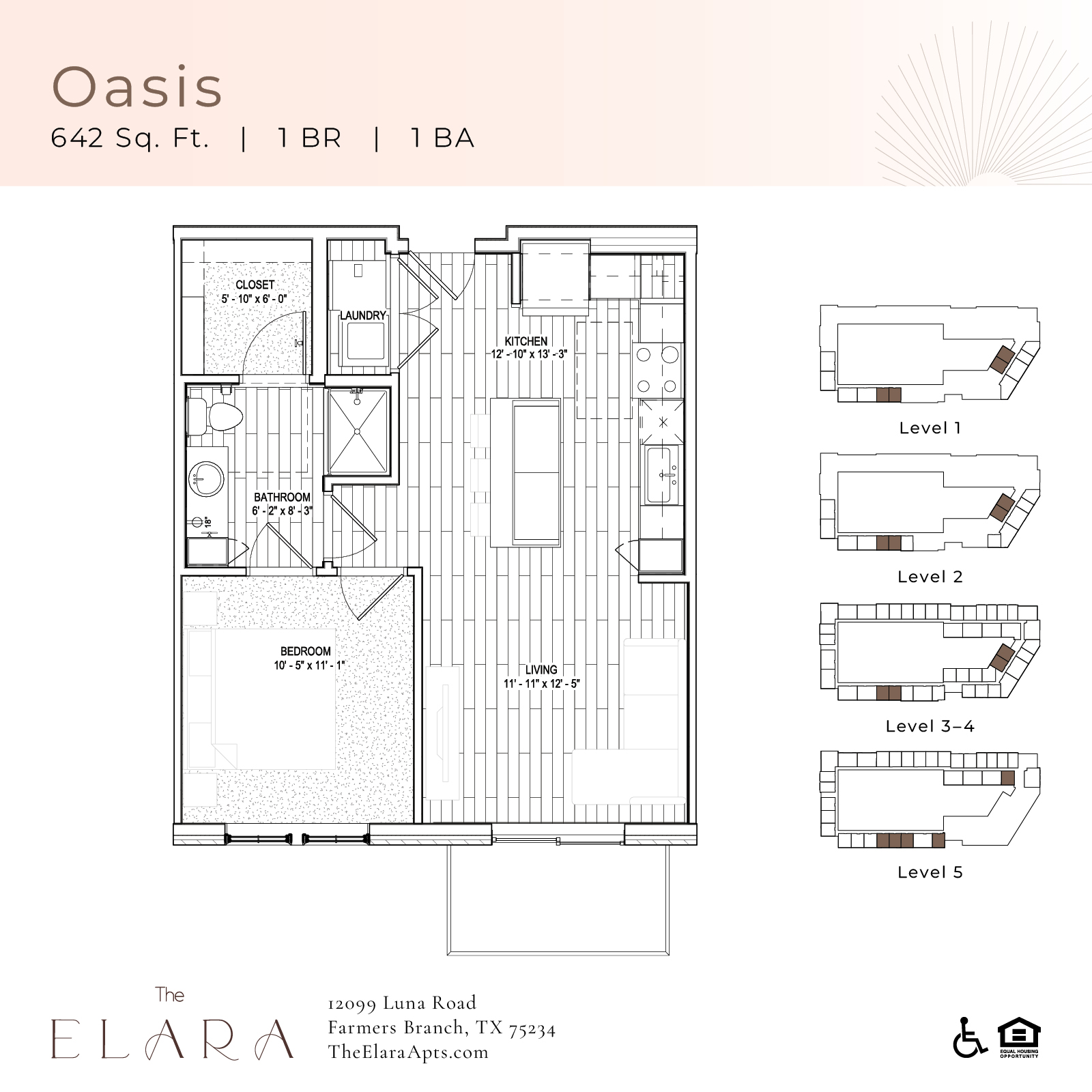 Floor plan for 1 bed, 1 bath, 642 sqft