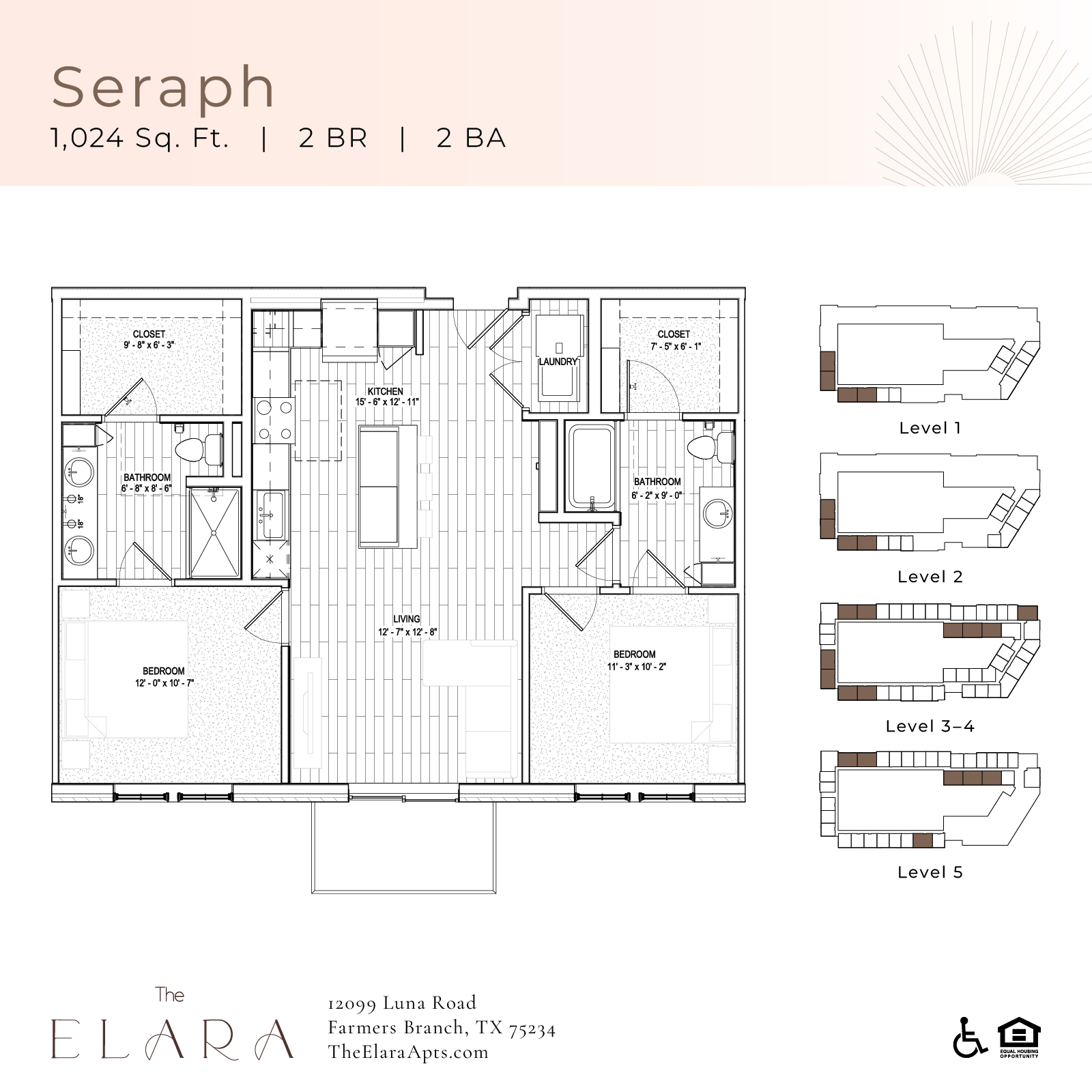 Floor plan for 2 beds, 2 baths, 1024 sqft