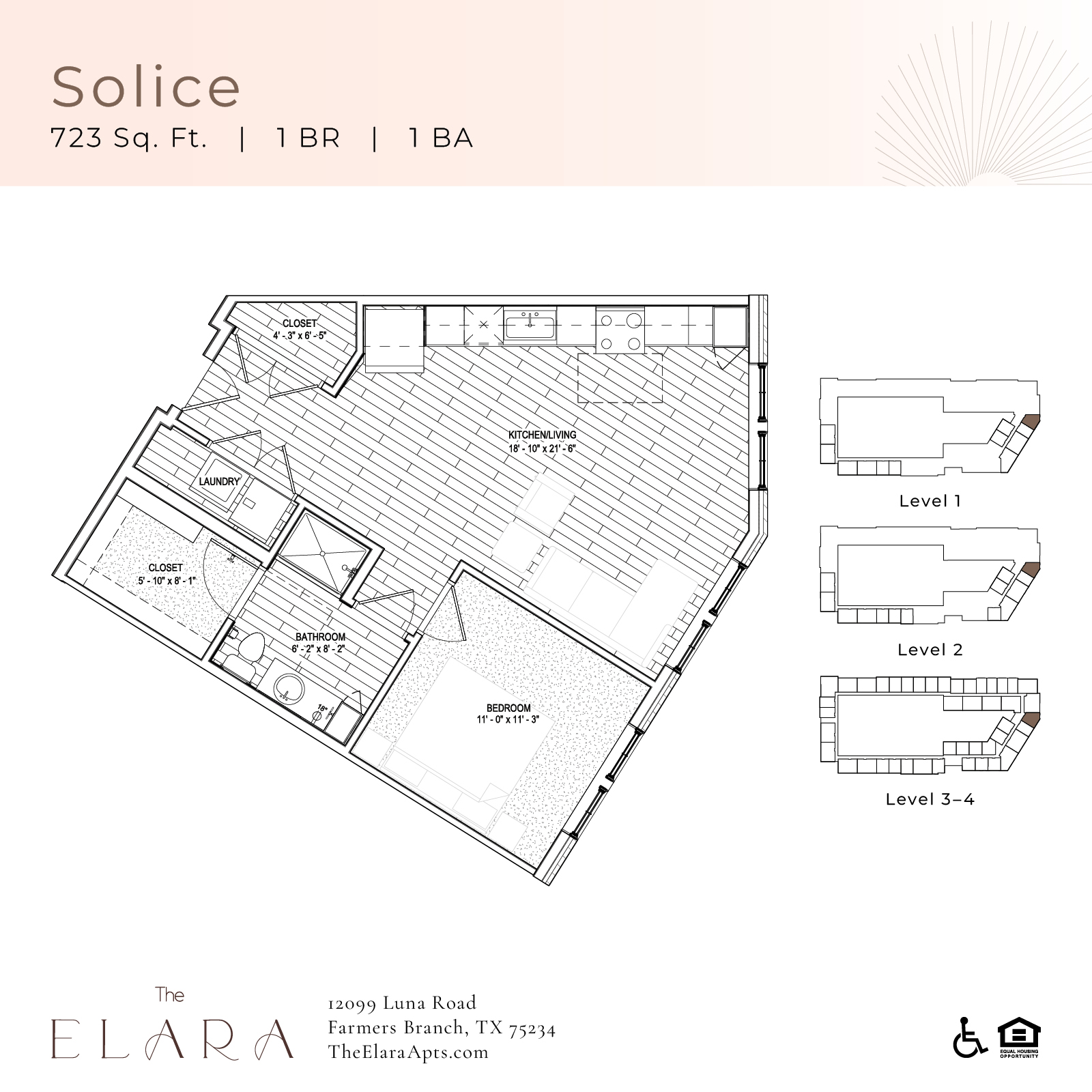 Floor plan for 1 bed, 1 bath, 723 sqft