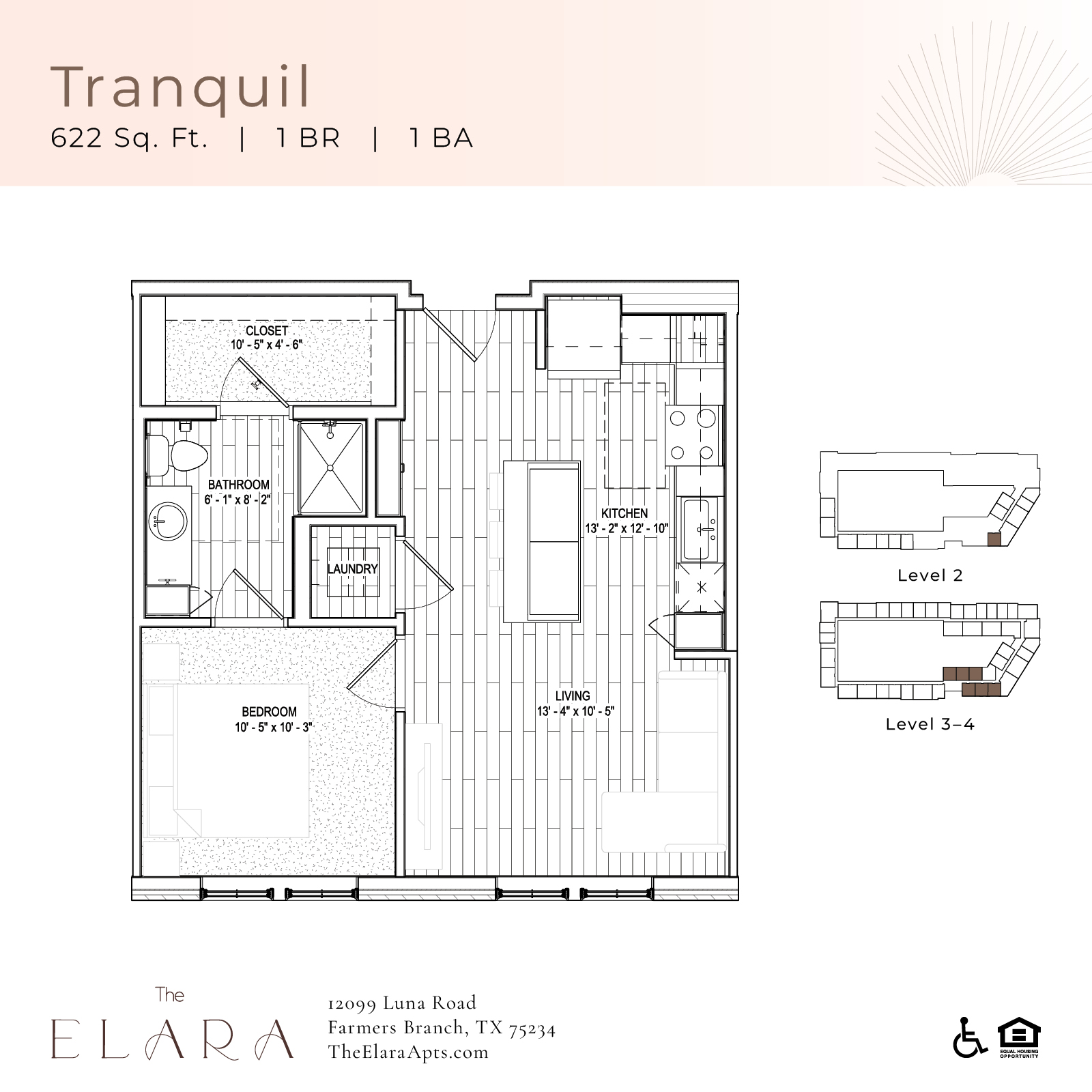 Floor plan for 1 bed, 1 bath, 622 sqft