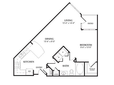 Floor plan for studio, 1 bath, 679 sqft