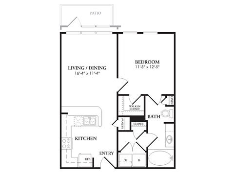 Floor plan for 1 bed, 1 bath, 621 sqft