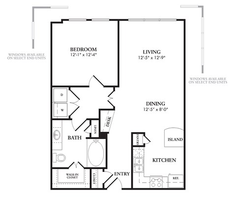 Floor plan for 1 bed, 1 bath, 788 sqft