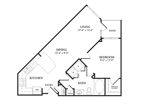 Floor plan for 1 bed, 1 bath, 679 sqft