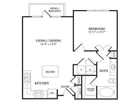 Floor plan for 1 bed, 1 bath, 757 sqft
