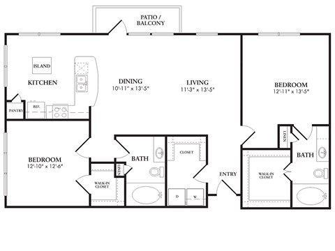 Floor plan for 2 beds, 2 baths, 1239 sqft