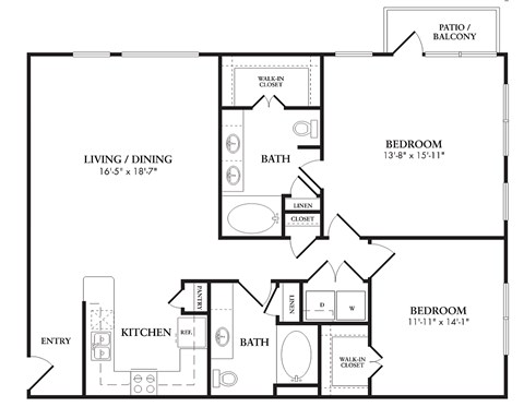 Floor plan for 2 beds, 2 baths, 1240 sqft