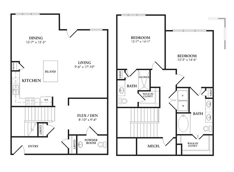 Floor plan for 2 beds, 2.5 baths, 1635 sqft