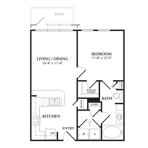 Floor plan for 1 bed, 1 bath, 621 sqft