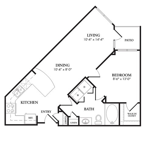 Floor plan for 1 bed, 1 bath, 679 sqft