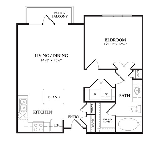 Floor plan for 1 bed, 1 bath, 757 sqft