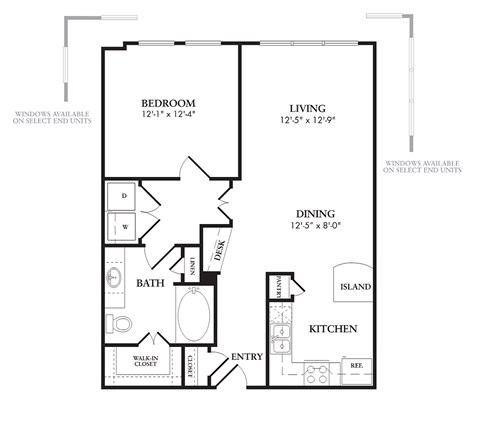 Floor plan for 1 bed, 1 bath, 788 sqft
