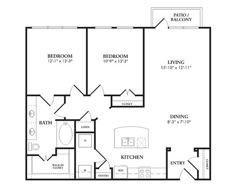Floor plan for 2 beds, 1 bath, 1080 sqft