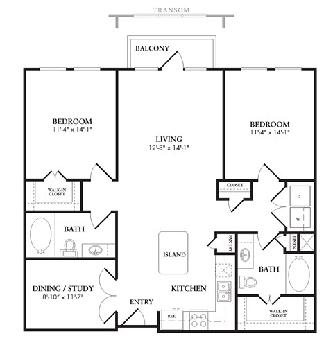 Floor plan for 2 beds, 2 baths, 1162 sqft