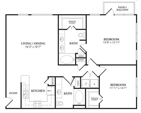 Floor plan for 2 beds, 2 baths, 1240 sqft