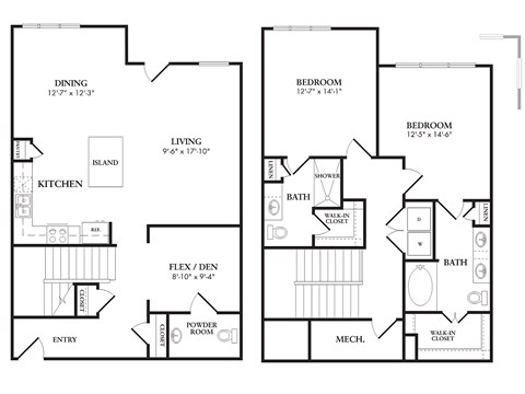Floor plan for 2 beds, 2.5 baths, 1635 sqft