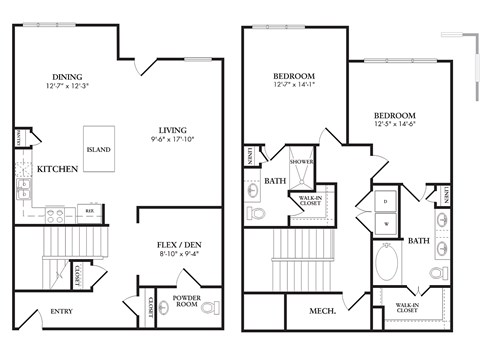 Floor plan for 2 beds, 2 baths, 1239 sqft