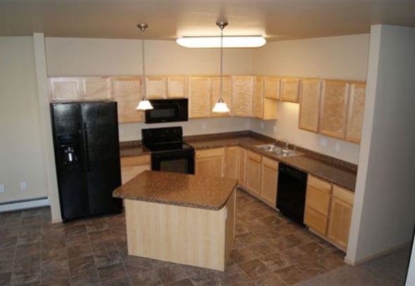 West Fargo apartment for rent - a kitchen with a black refrigerator and a counter top