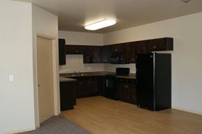 Moorhead apartment for rent - an empty kitchen with black appliances and wooden cabinets