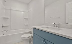 Greenville house for rent - A white bathroom with a blue vanity.