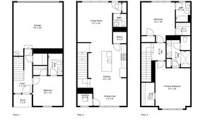 Greenville house for rent - A set of three floor plans for a house showing the layout of each floor.