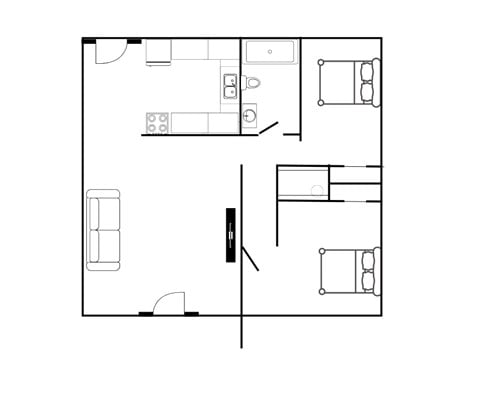 Floor plan for 2 beds, 1 bath, 850 sqft