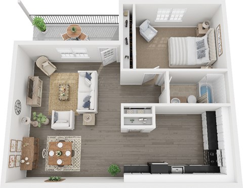 Floor plan for 1 bed, 1 bath, 750 sqft