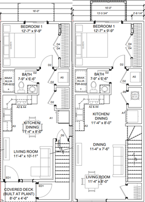 Guysborough apartment for rent - A floor plan for a home with two bedrooms, two bathrooms, a living room, a dining room, a kitchen, and a covered deck.