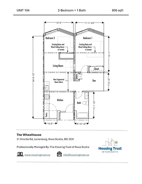 Floor plan for 2 beds, 1 bath, 876 sqft