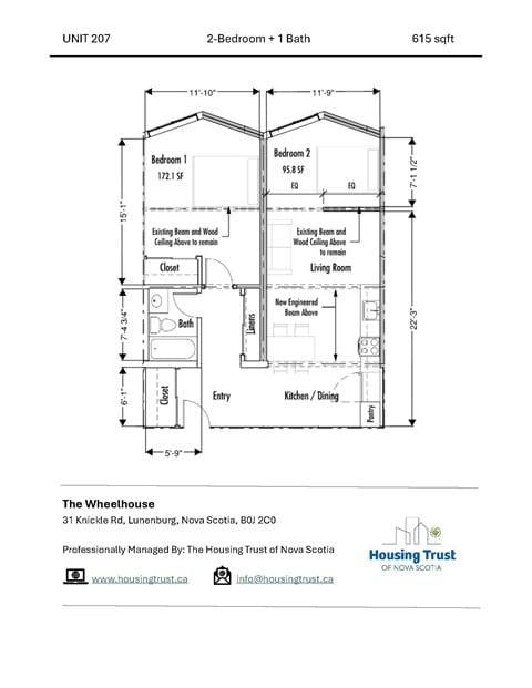 Floor plan for 2 beds, 1 bath, 876 sqft