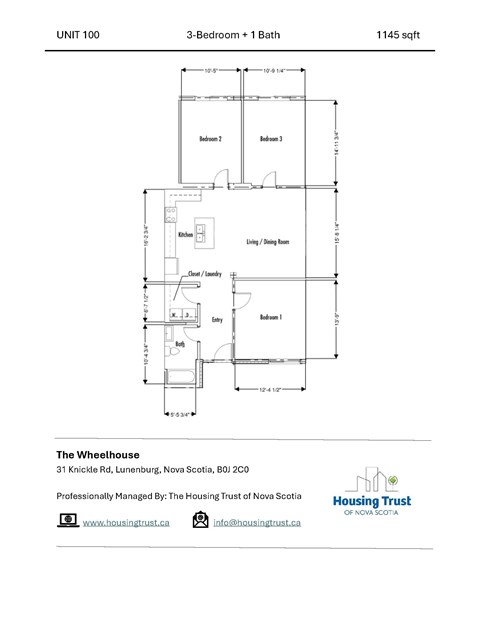 Floor plan for 3 beds, 1 bath, 1145 sqft