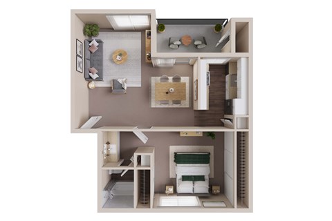 Floor plan for 1 bed, 1 bath, 736 sqft