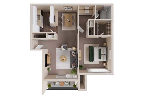Floor plan for 1 bed, 1 bath, 729 sqft