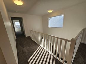 Airdrie house for rent - A room with a striped carpet and a window.
