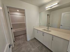 Airdrie house for rent - A bathroom with a sink, mirror, and a walk-in shower.