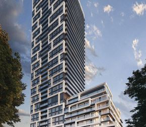 Toronto apartment for rent - A tall building with a curved section at the bottom is surrounded by trees.