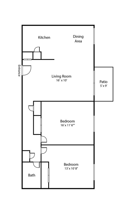 Floor plan for 2 beds, 1 bath, 900 sqft