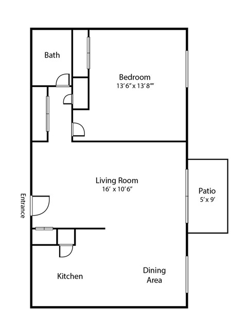 Floor plan for 1 bed, 1 bath, 725 sqft