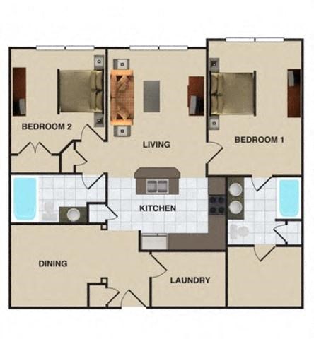 Floor plan for 2 beds, 2 baths, 1164 sqft
