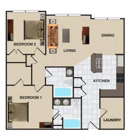 Floor plan for 2 beds, 2 baths, 1124 sqft
