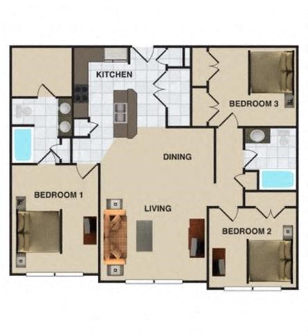 Floor plan for 3 beds, 2 baths, 1320 sqft